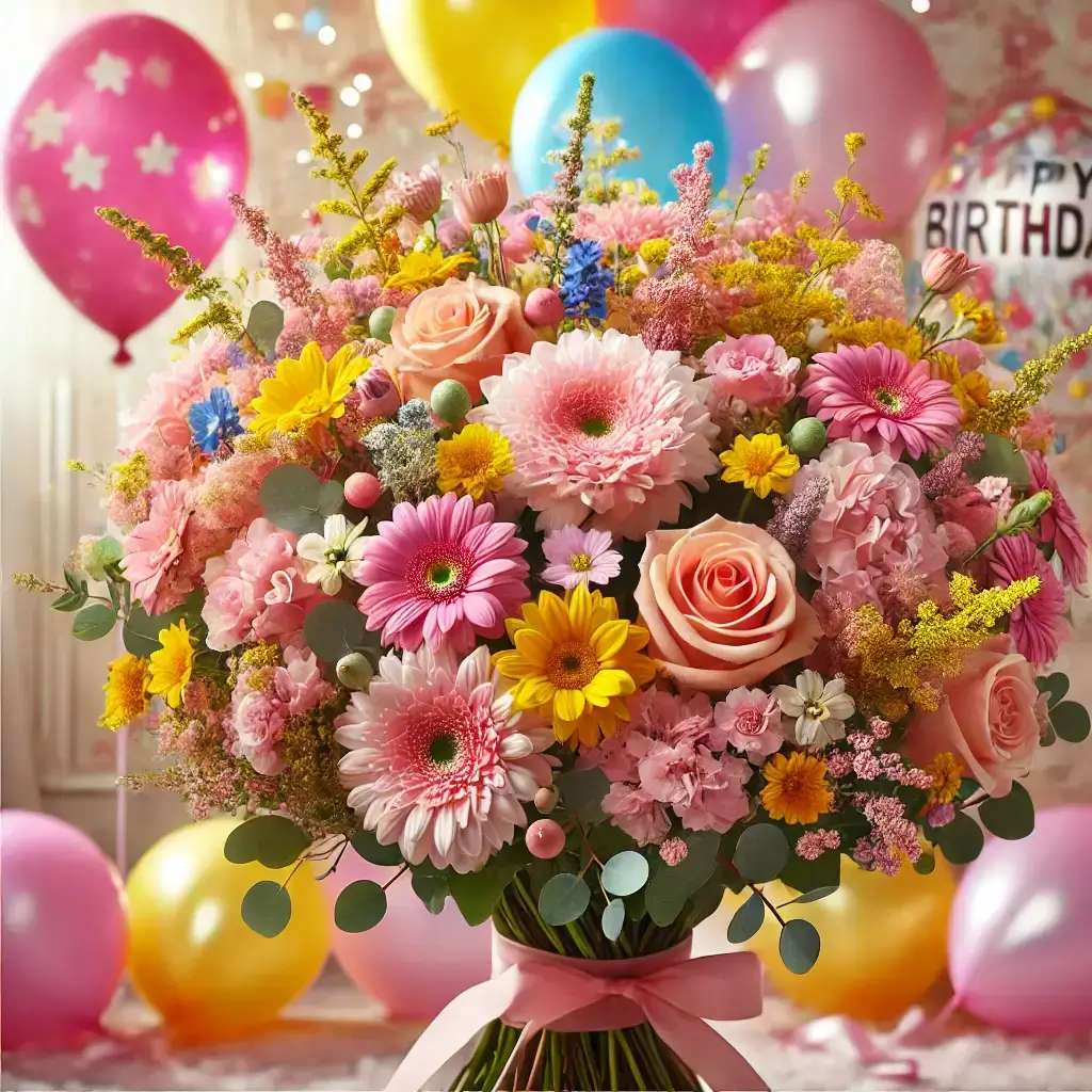 Bright Birthday Bouquet with Balloons