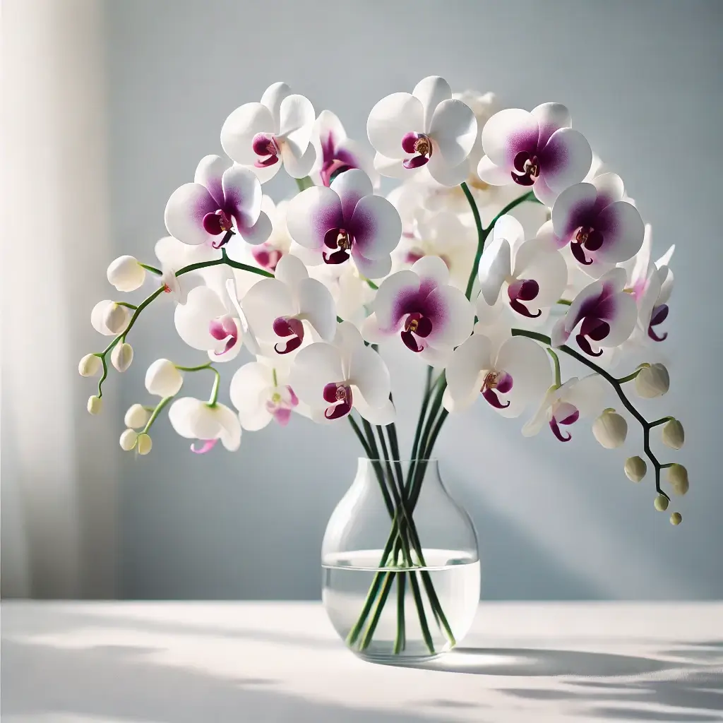 White and Purple Orchids in Glass Vase