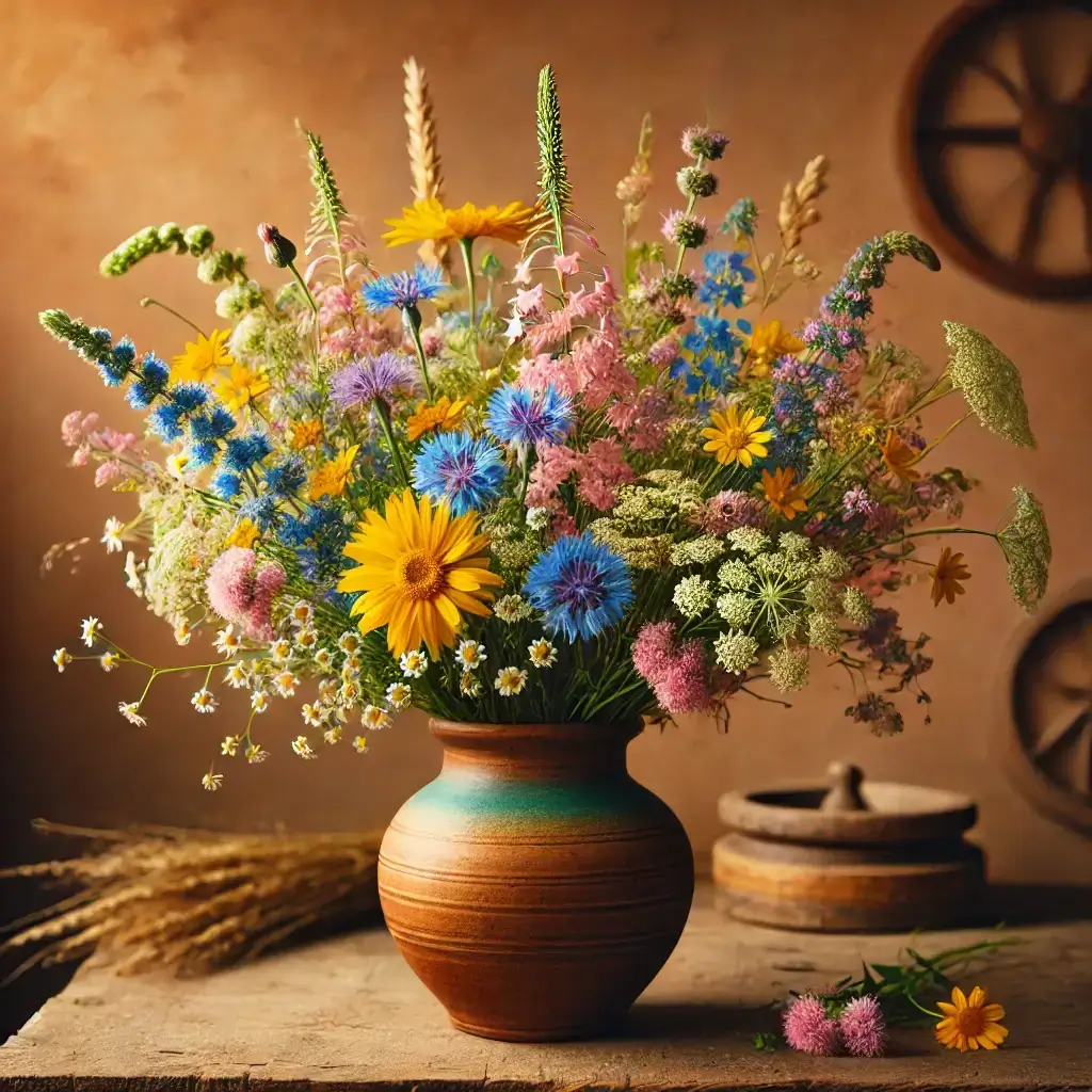 Mixed Wildflowers in Rustic Vase