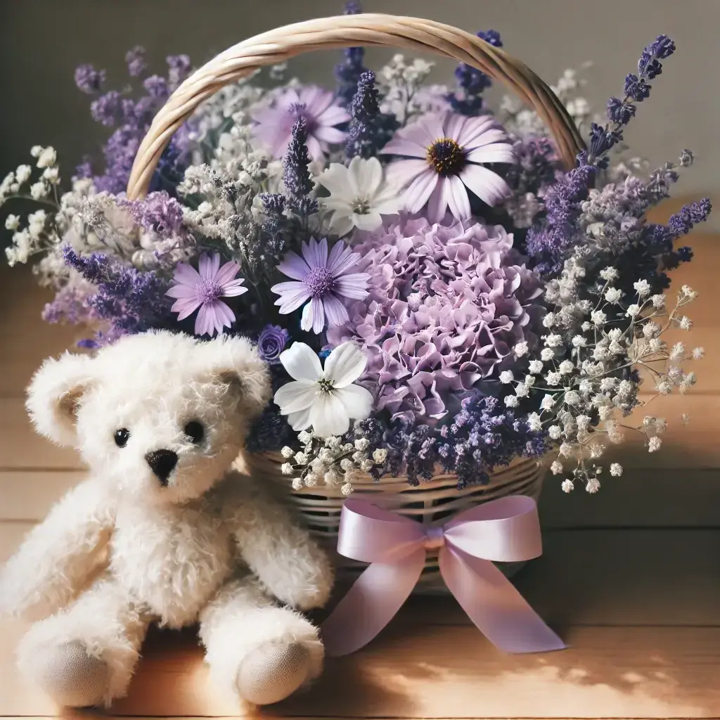 Purple and White Flower Basket with Teddy Bear