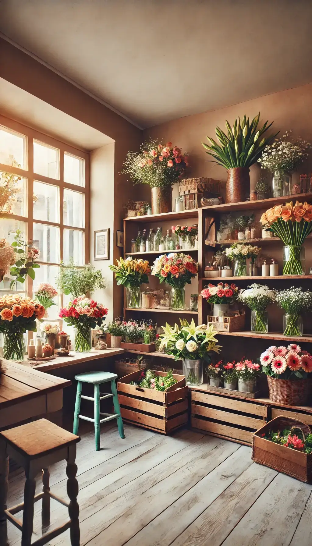 Small family-run flower shop with shelves of fresh flowers