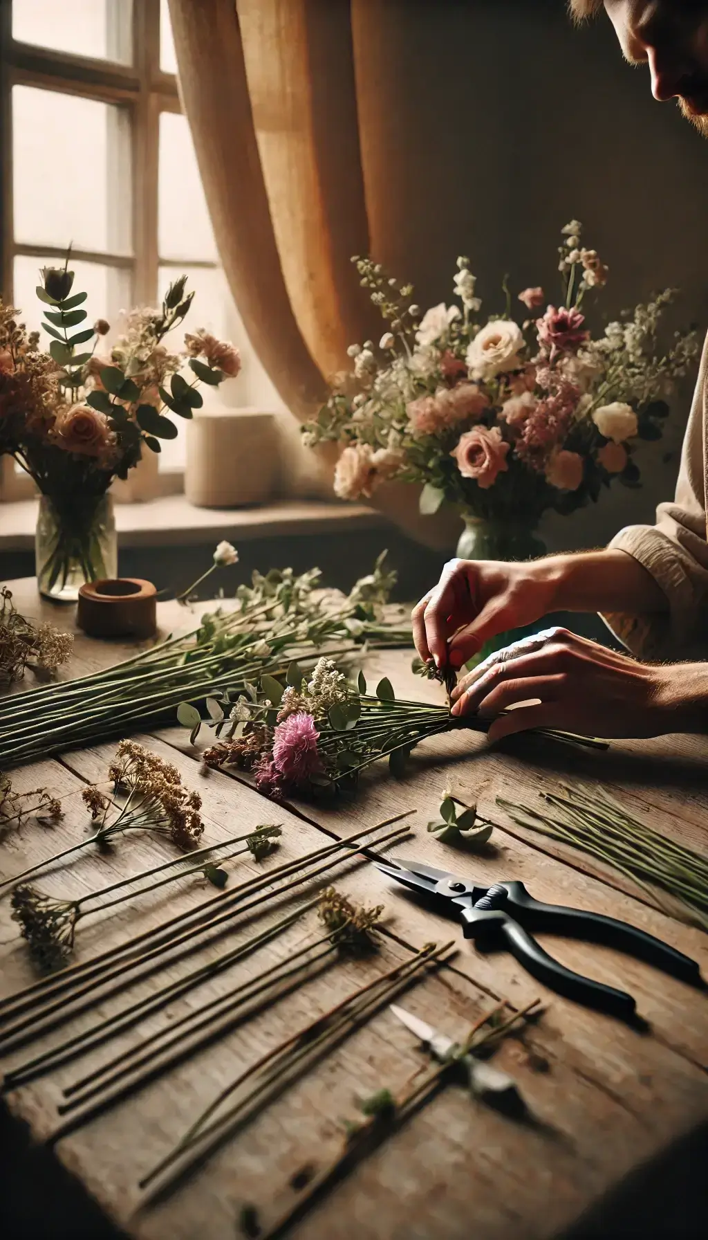 Person arranging a bouquet in a cozy workshop